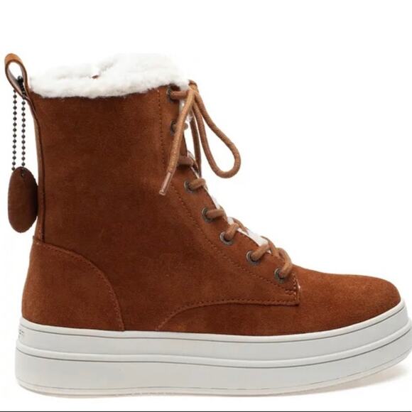 J/Slides NYC Torrie Brown Women Winter Boot Sz 8.5 Suede Faux Fur Waterproof New - Picture 1 of 7